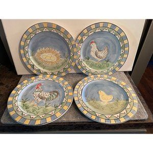 Hand-Painted Farmhouse Chicken Dinner Plates in Blue, Yellow & Cream
